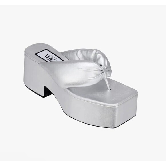 ZARA SILVER CHUNKY TOE POST LEATHER PLATFORM HEELED SANDALS Size 7.5 New - Picture 1 of 10